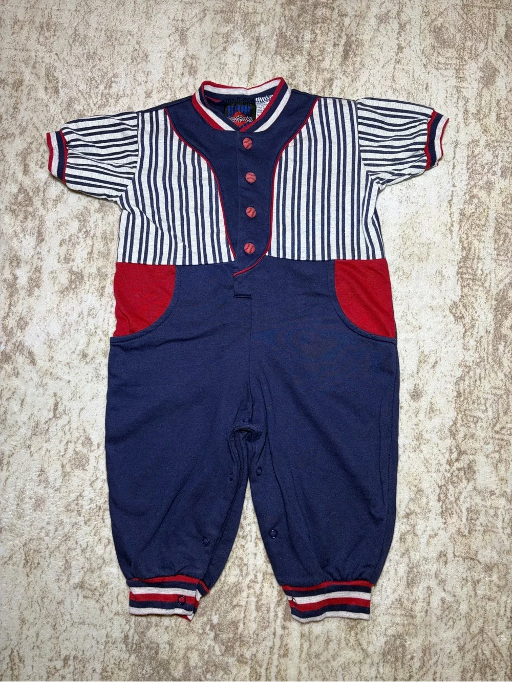 Vintage 90s GoodFellas Baby Baseball Romper 18M Striped Red Blue
